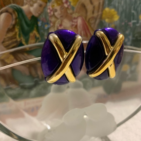 Vtg 80’s Purple Gold X Clip on Earrings - Picture 3 of 5